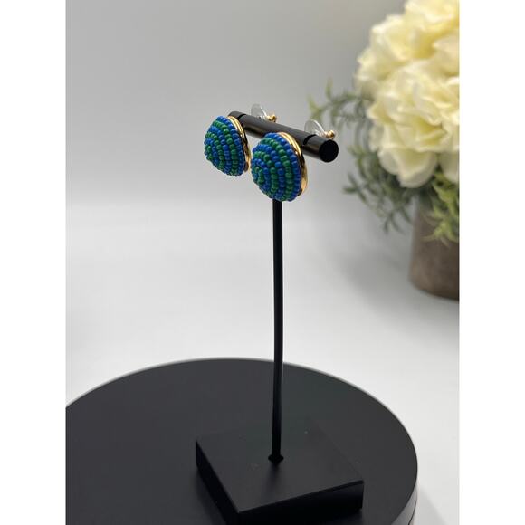 J. Crew Blue Green Seed Beaded Small Round Button Stud Earrings - Picture 4 of 8